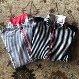 MPG Women's Long Sleeve Tops - Gray and Black Stripes with Pink Zippers